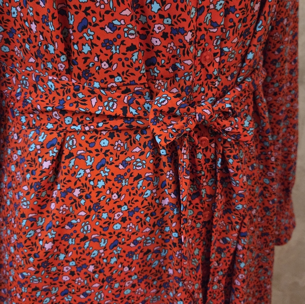 Amazon Essentials Red Floral Shirt Dress Button Front Belted Midi M - Picture 6 of 11